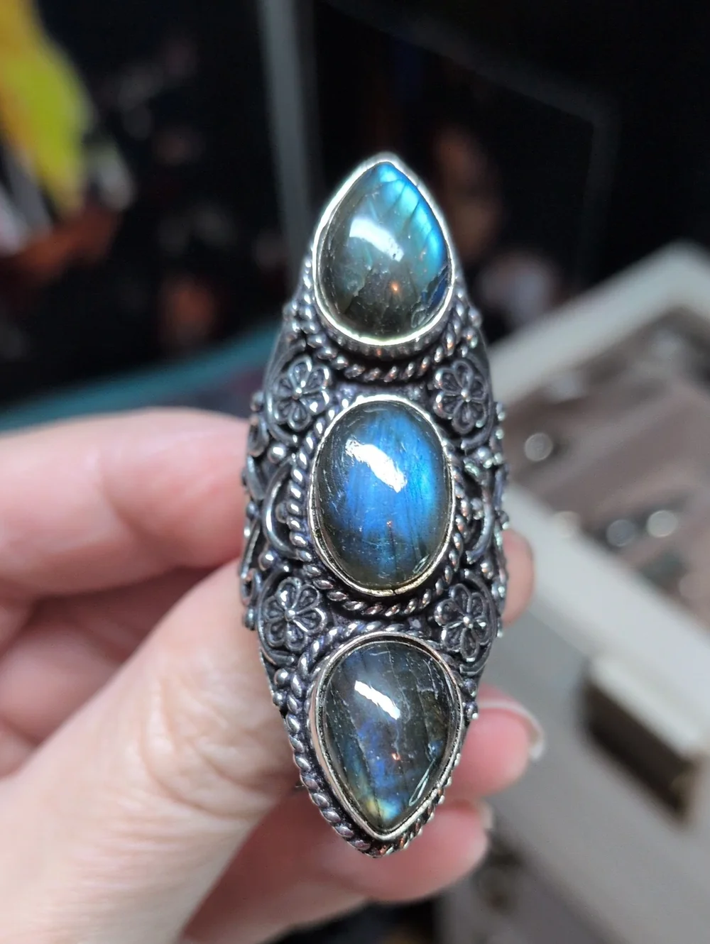 Sterling Silver Labradorite Triple Stone Statement Ring - Blue